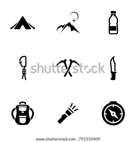 Set of black icons isolated on white background, on theme Mountaineering