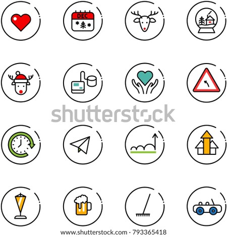 line vector icon set - heart vector, christmas calendar, deer, snowball house, hat, tonometer, care, turn left road sign, clock around, paper fly, growth, arrows up, pennant, beer, rake, toy car