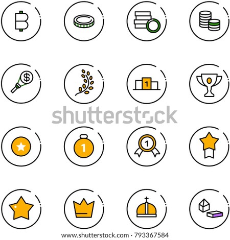 line vector icon set - bitcoin vector, coin, money torch, golden branch, pedestal, gold cup, star medal, crown, constructor blocks