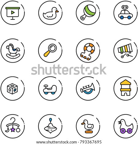line vector icon set - presentation board vector, duck toy, beanbag, car, rocking horse, teethers, xylophone, cube, baby, horn, block house, carousel, wirligig
