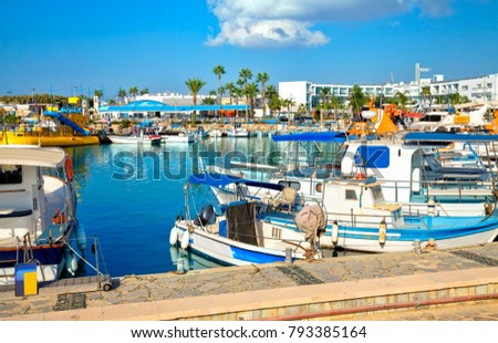 Fishing boats and yachts in harbour of Ayia Napa, Cyprus. Ayia Napa seaside of Mediterranean Sea, Cyprus. Famous places and travel destination of Ayia Napa, Cyprus. Republic of Cyprus