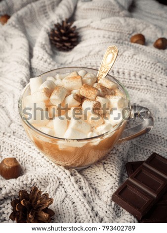Cozy winter home background. Cocoa in a glass Cup with a marshmallow, chocolate cinnamon cones and nuts.