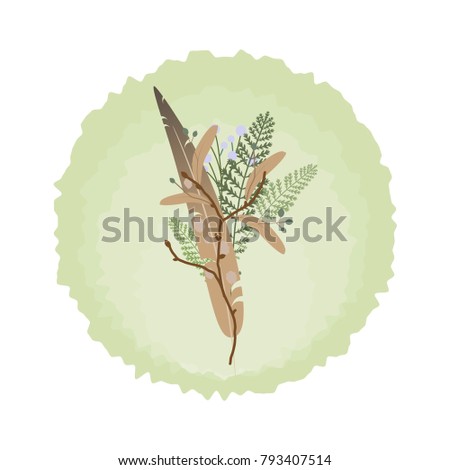 Beautiful boho bouquet with feathers and branches, blade of grass and wild berry sprig. Vector illustration isolated on white. Wild nature clip art. Ethnic card.