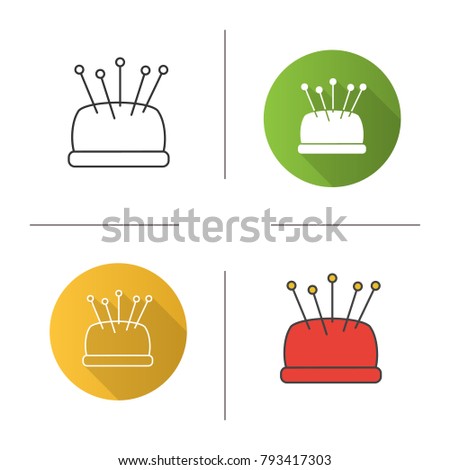 Pincushion with pins icon. Flat design, linear and color styles. Isolated vector illustrations