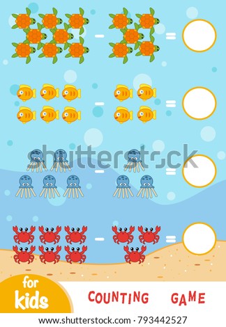 Counting Game for Preschool Children. Educational a mathematical game. Count the number of sea animals and write the result. Subtraction worksheets