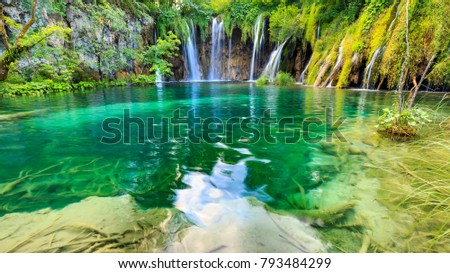 Close up of blue waterfalls in a green forest during daytime in Summer.Plitvice lakes, Croatia Royalty-Free Stock Photo #793484299