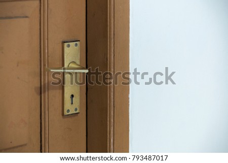 old gold door handle on wooden door and white wall