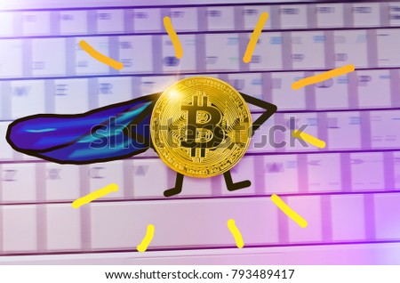 gold bitcoin coin with painted hands, feet and blue cloak stands in pose of a super hero; concept of strength and growth rate bitcoin