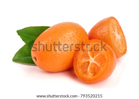 Cumquat or kumquat with leaf isolated on white background close up Royalty-Free Stock Photo #793520215