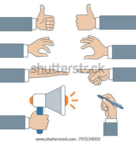 Flat linear set of male business man hands sing web infographics vector concept. Give, take, put. like, indicate, specify, point, point out, show, ask, wrist holds loudspeaker, pan, pencil. 