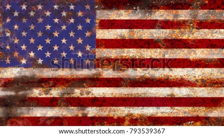 USA flag on rusty metal background texture