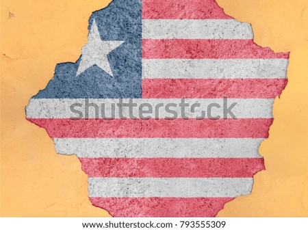 Liberia flag broken material facade structure in big concrete cracked hole