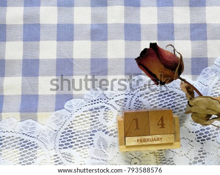 Dry rose on white lace and blue tartan cloths  with wooden calendar shows 14 February, Valentine concept