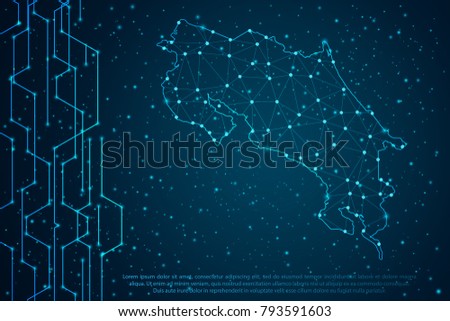 Abstract mash line and point scales on Circuit dark background with map of Costa Rica. Wire frame 3D mesh polygonal network line, design sphere, dot and structure. Vector illustration eps 10.
