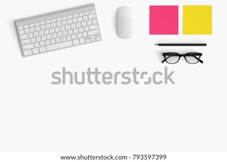 Modern workspace with coffee cup, smartphone and paper copy space on white color background. Top view. Flat lay style.