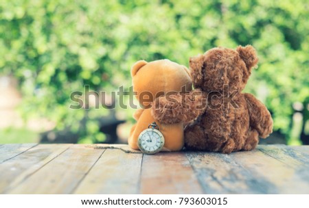 Brown teddy bear cute couple embracing each other to show love on nature background with sweet and romantic moment.