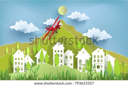views of green hills and housing. air balloons and planes crossed over the house. happy valentine day