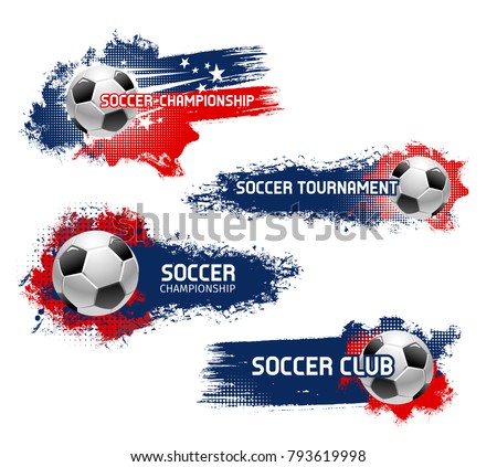 Soccer championship or football sport game tournament vector icons set of flying ball. Vector symbol of soccer ball flying to goal on arena stadium for football cup or college league team and fan club
