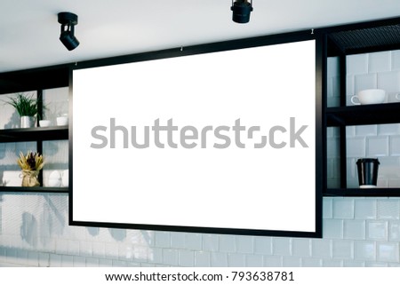 Empty wall banner at cafe mockup, side view. Coffe cups and plants on shelf in background. Scandinavian interior design. Text space 