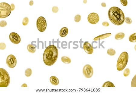 Golden bitcoins falling isolated over white background