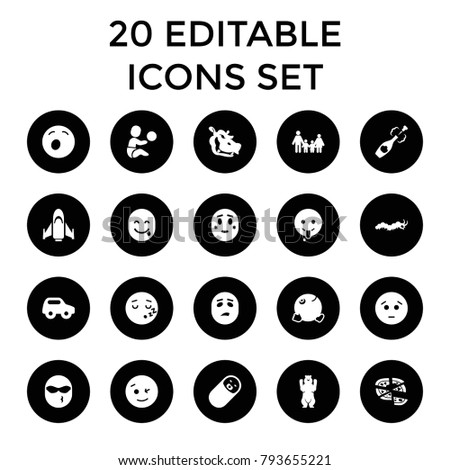 Cartoon icons. set of 20 editable filled cartoon icons such as bear, hippopotamus, toy car, wink emot, sad emot. best quality cartoon elements in trendy style.