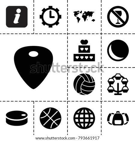 Round icons. set of 13 editable filled round icons such as globe, world map, sphere, carousel, cake, basketball, guitar mediator, clock in gear, hockey puck, volleyball, info