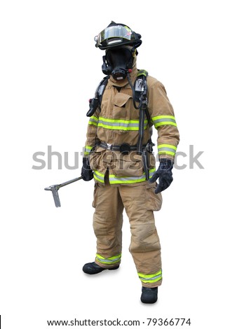 Modern firefighter in gear with equipment isolated on a white background