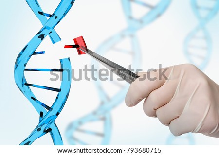 Hand of scientist replacing DNA - genetic engineering and gene manipulation concept