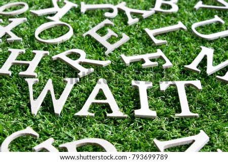 Wood alphabet in wording wait on artificial green grass background