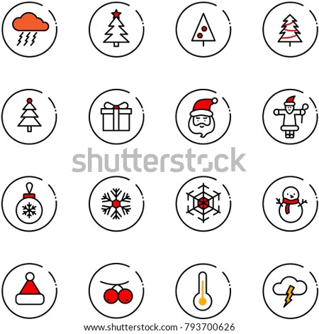 line vector icon set - storm vector, christmas tree, gift, santa claus, ball, snowflake, snowman, hat, rowanberry, thermometer