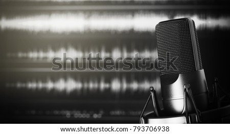 professional microphone in a recording studio with copy space