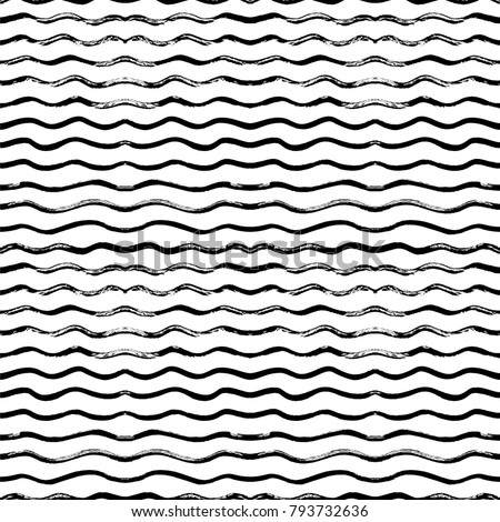 Seamless pattern with hand drawn waves. Abstract background with wavy brush strokes. Black and white texture. Ornamental print for t-shirts. Ornament for wrapping paper.