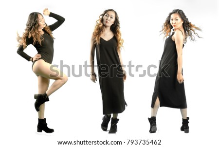 set of three full lenght portraits of asian woman in black dress and boots isolated on white background