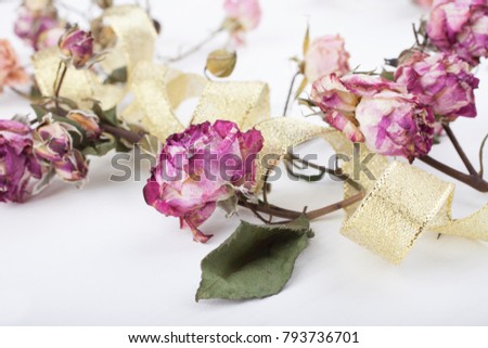 dried flowers with a gold ribbon on a white wooden board background.