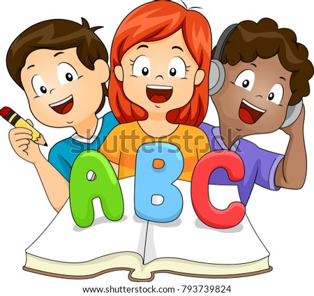 Illustration of Kids Learning ABC Book by Listening, Reading and Writing