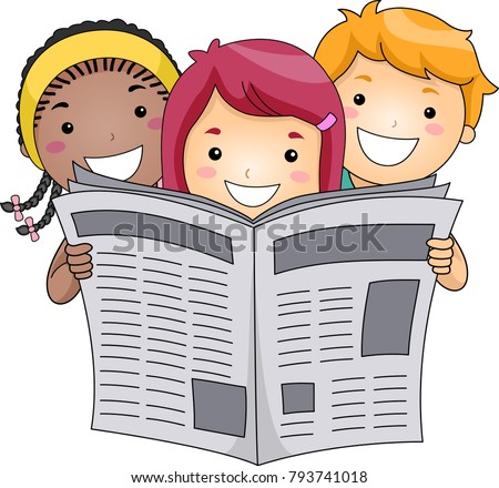 Illustration of Kids Holding and Reading a Newspaper