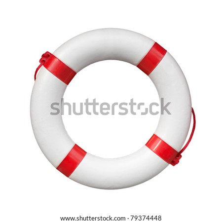 Blue and white life buoy isolated on white Royalty-Free Stock Photo #79374448