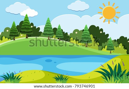 Pine trees and the lake at day time illustration