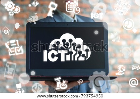 ICT Cloud Computing Chips Tech. Information Communication Technology. Business man offers laptop with cloud circuit ict icon.