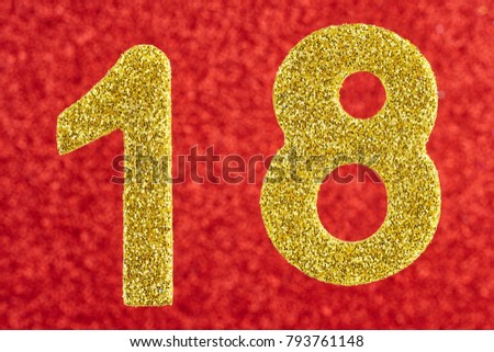 Number eighteen golden color over a red background. Anniversary. Horizontal