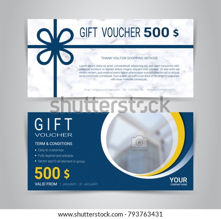 Gift certificates and vouchers cards, discount coupon or banner web template with marble texture imitation, Blurred background gradient mesh for make an image of the products your company offers. Royalty-Free Stock Photo #793763431