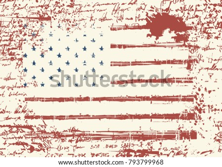 Vector flag of the United States of America in grunge style on background of old stained manuscript with the blots. Worn out American flag
