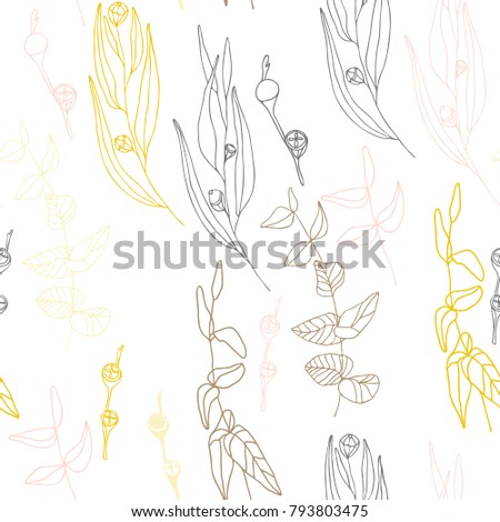 Eucalyptus leaves and berries vector seamless pattern. Hand drawn twigs and berries, realistic botanical background.