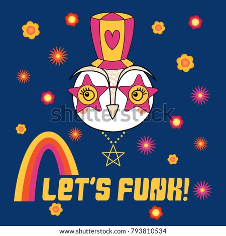Hand drawn vector portrait of a cute funny cartoon owl in funky hat and glasses, with typography. Isolated objects. Vector illustration. Design concept for children.