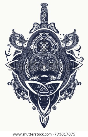 Viking warrior head t-shirt design. Celtic amulet forces tattoo. Tribal dragons, ethnic style 