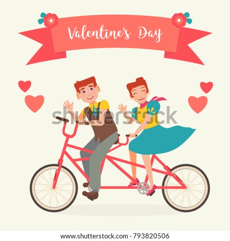 Valentine's Day. Happy young lovers on a pair bike. Romantic trip
