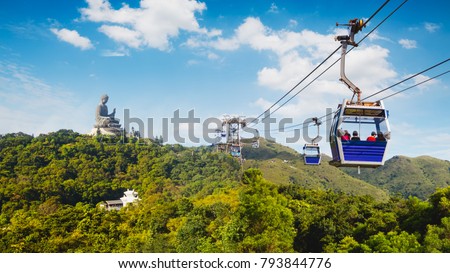 Ngong Ping cable car with big buddha statue in background, Hong Kong China