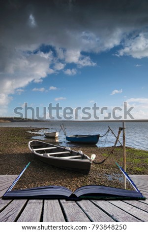 Creative book image of Beautiful sunset landscape image of boats moored in Fleet Lagoon in Dorset England