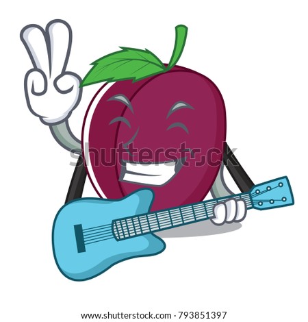 With guitar plum mascot cartoon style