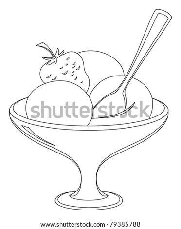 Ice cream and fruit in a vase with a spoon, monochrome contours
